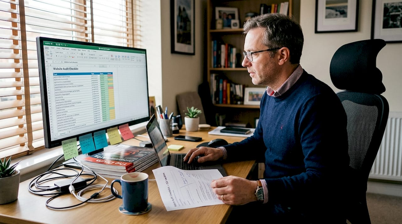 Consultant auditing ecommerce site in home office