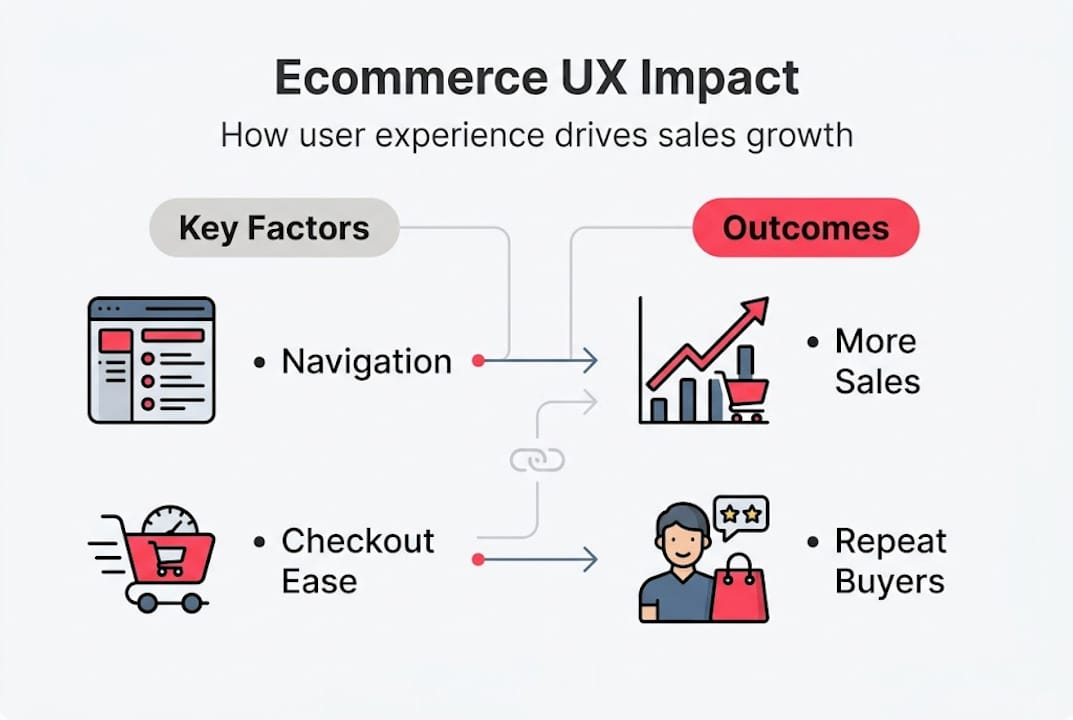Infographic showing ecommerce UX key factors and outcomes