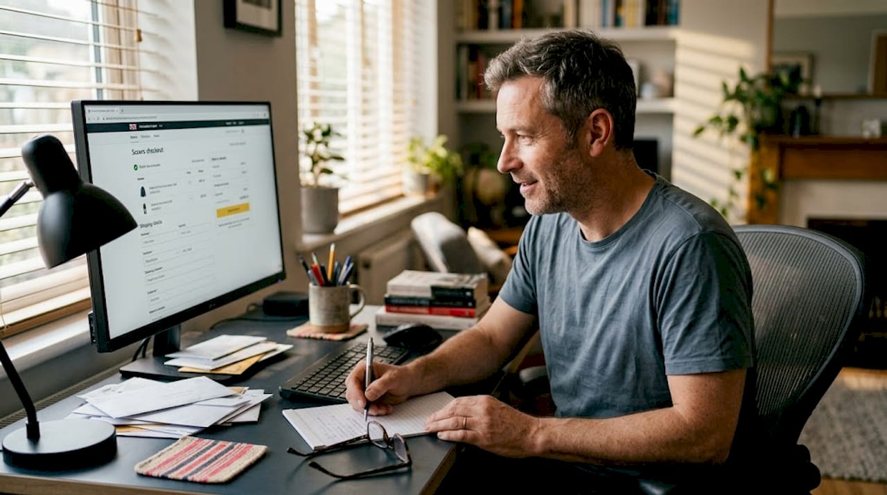Man reviews online checkout at cluttered desk