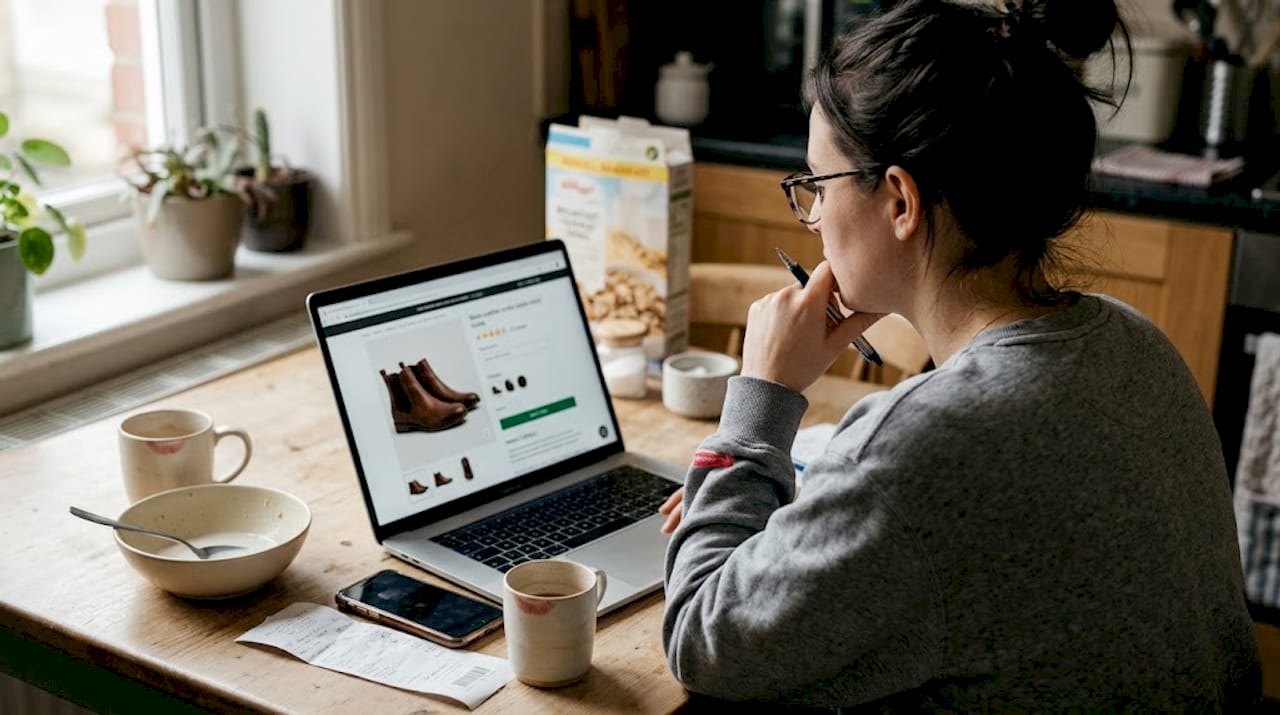 Woman reviewing product page at kitchen table