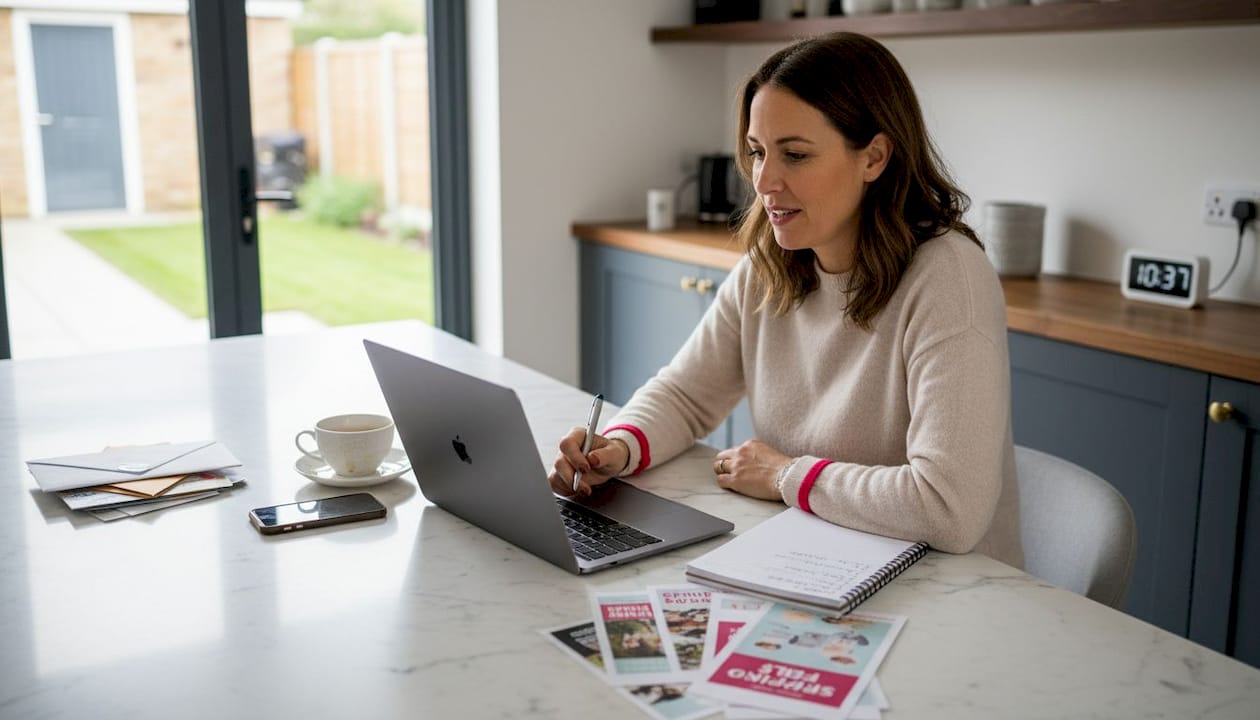 Owner updating online store at kitchen counter