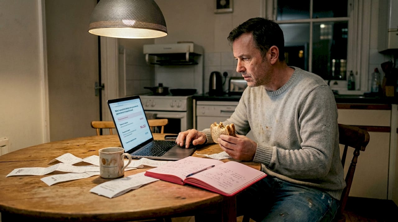 Store owner checks ecommerce alerts kitchen