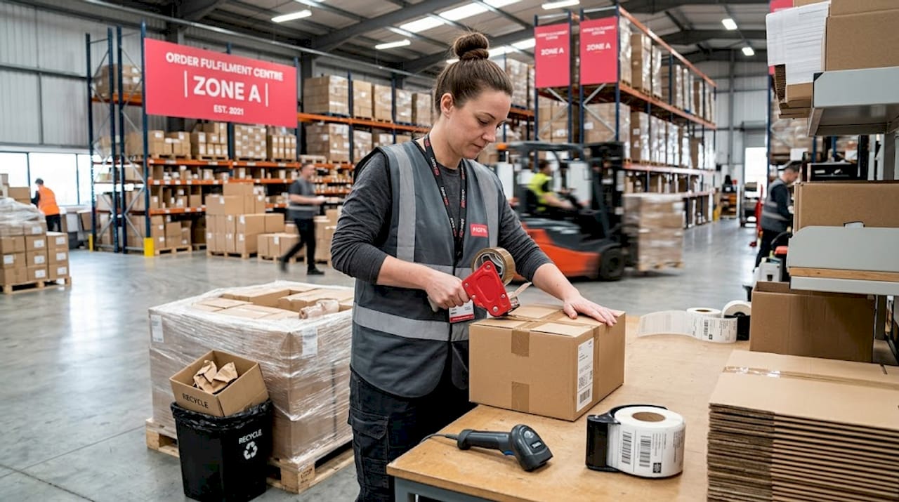Worker packing parcels in warehouse setting