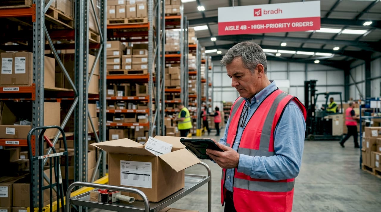 Warehouse supervisor checks ERP inventory
