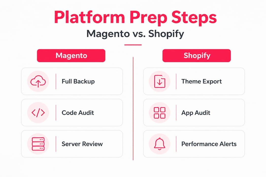 Infographic comparing Magento and Shopify prep steps