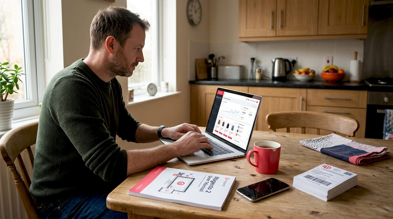 Shop owner updating eCommerce website at kitchen table