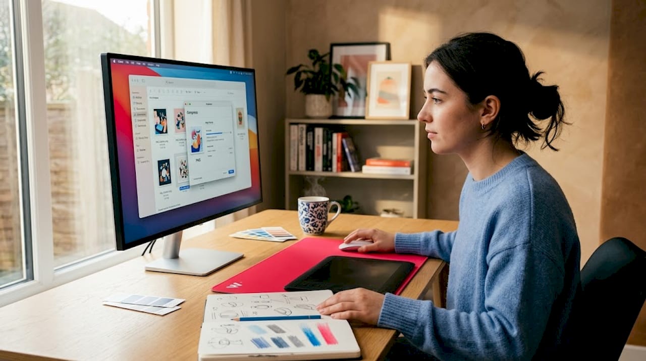 Web designer compressing product images at home