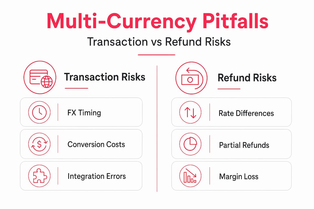 Infographic showing common pitfalls in multi-currency ecommerce