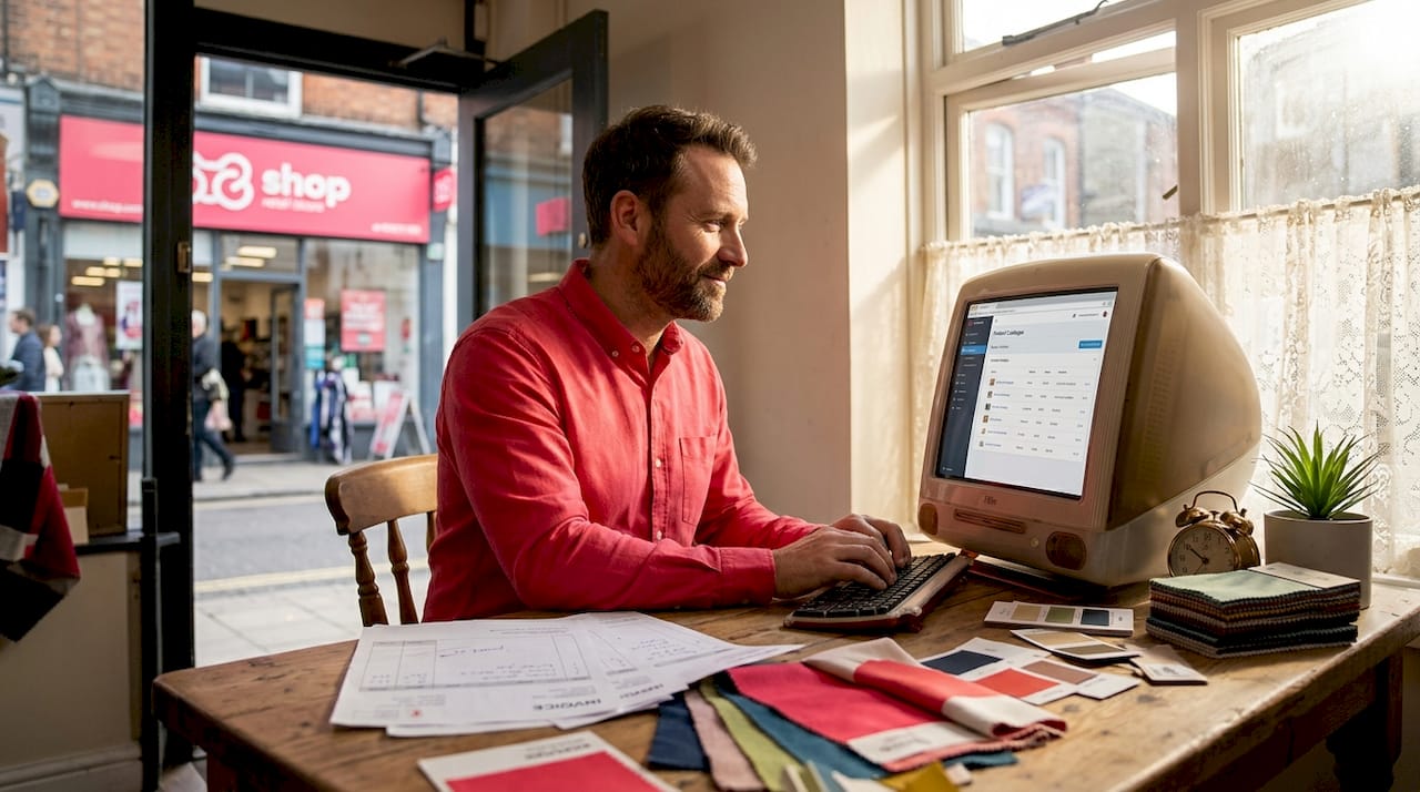 Retailer updating online shop in stockroom