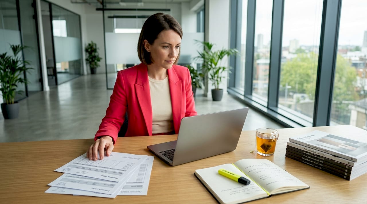 Branch buyer approves order at cluttered desk
