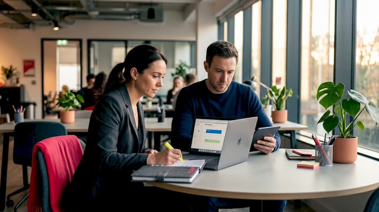 Coworkers discuss scheduled ecommerce risk reviews
