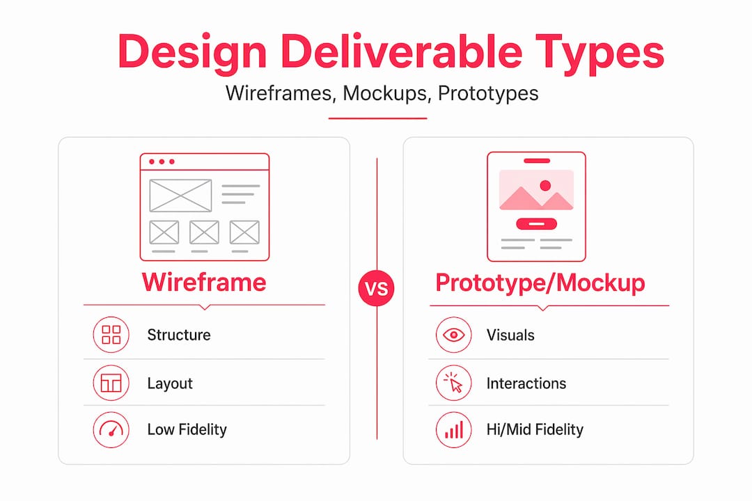 Infographic comparing wireframes, prototypes, mockups