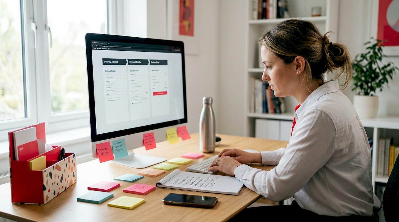 Designer reviewing one-page checkout on monitor