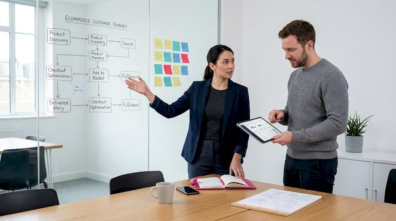 Colleagues discussing commerce strategies at meeting table