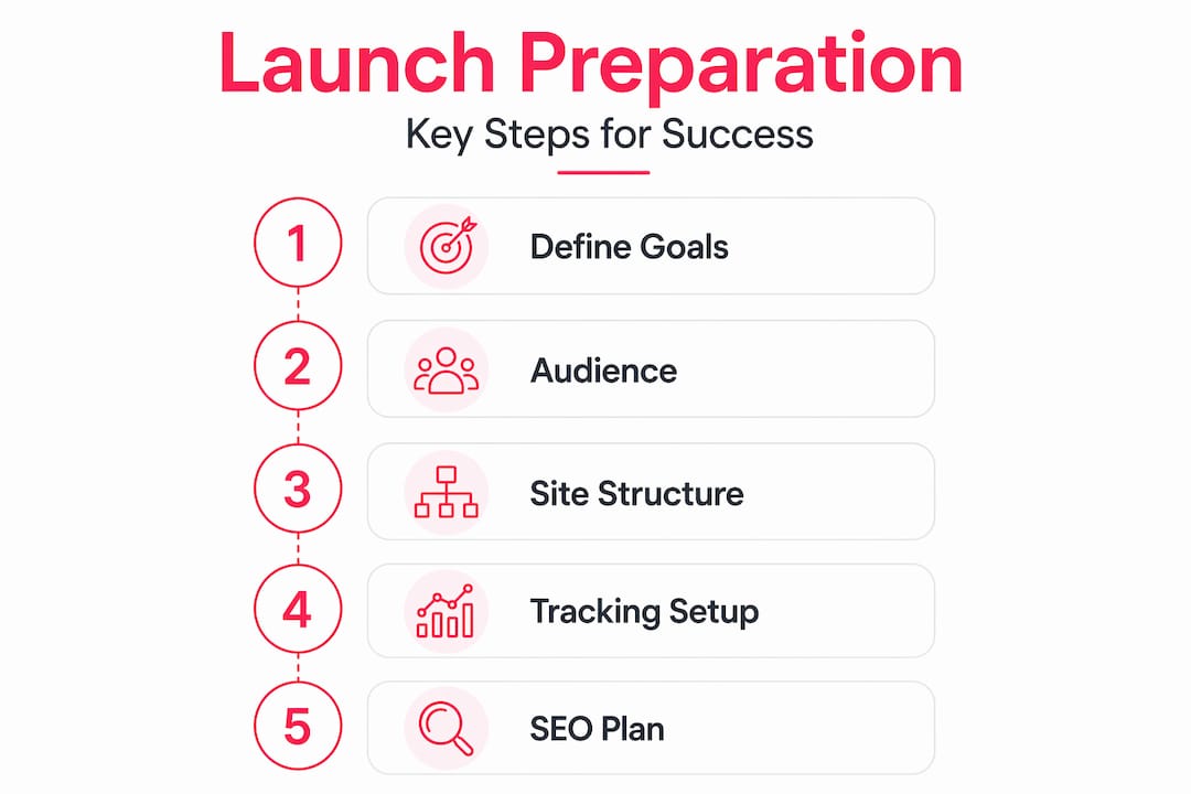Infographic showing website launch preparation steps
