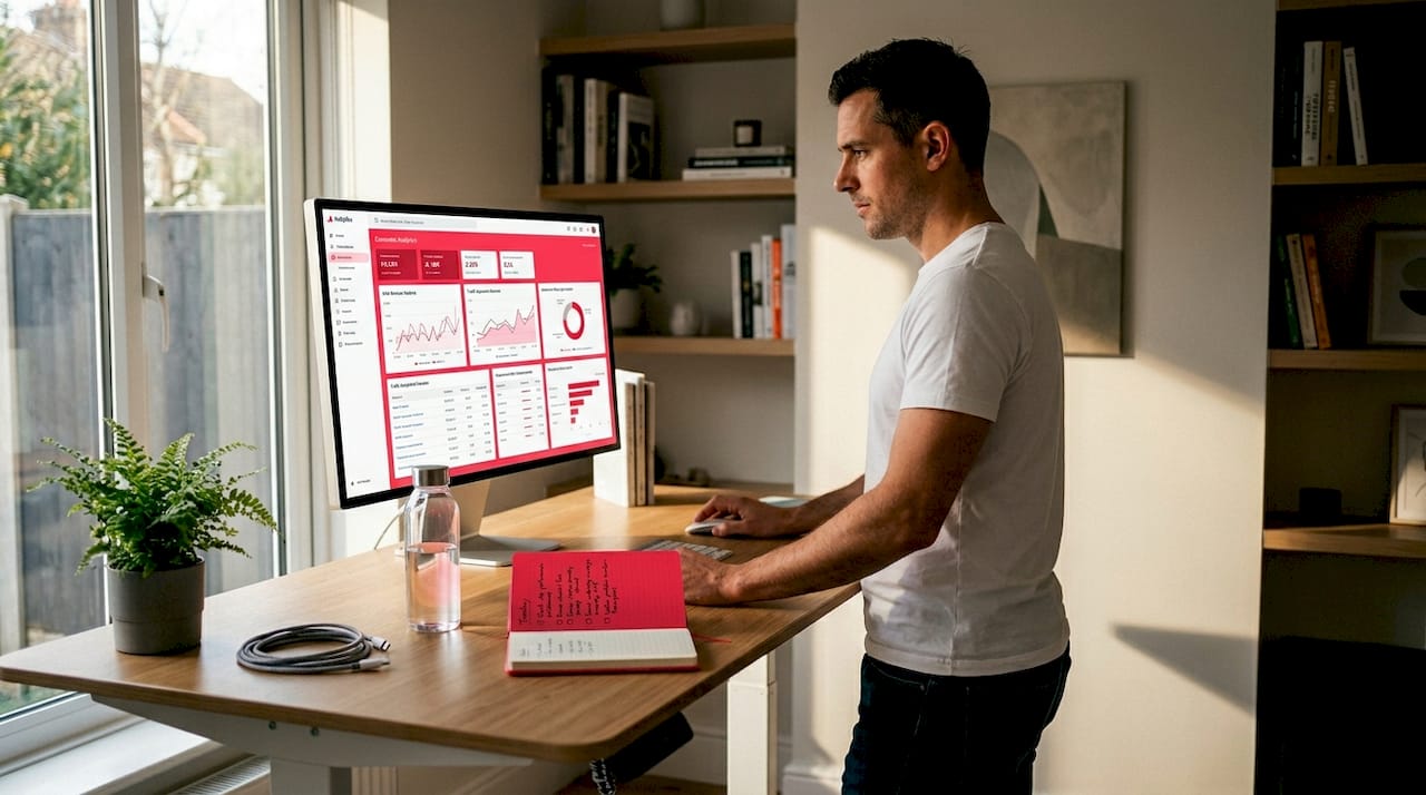 Manager checks ecommerce analytics at desk