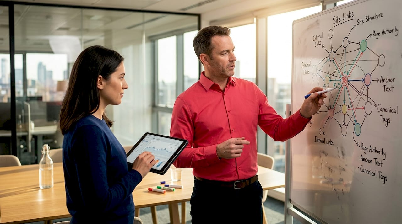 SEO specialists analyzing site architecture diagram