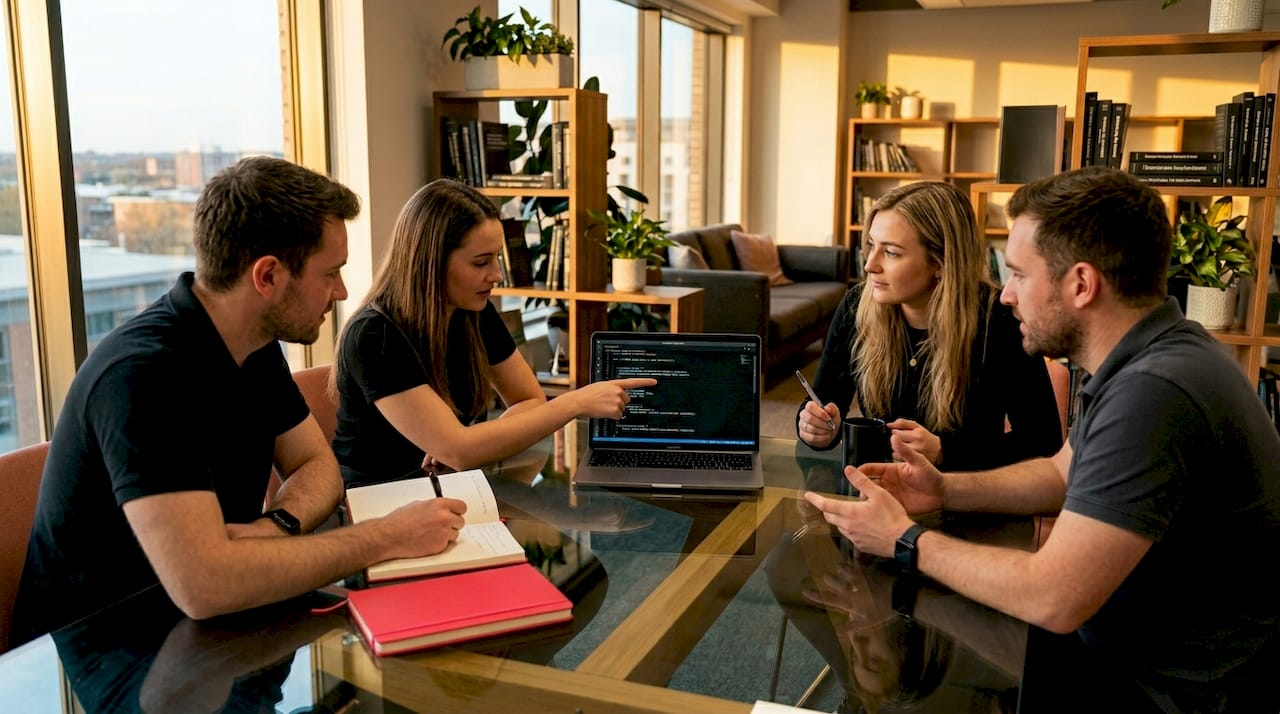 Software team reviewing code in tech office