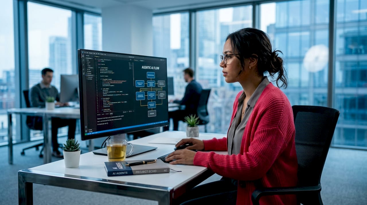 Engineer analyzing agentic AI code in office