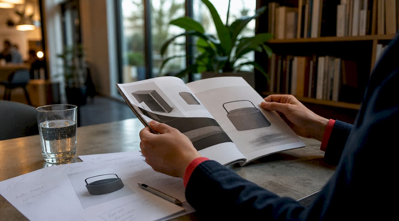 Hands sorting product specification sheets on table