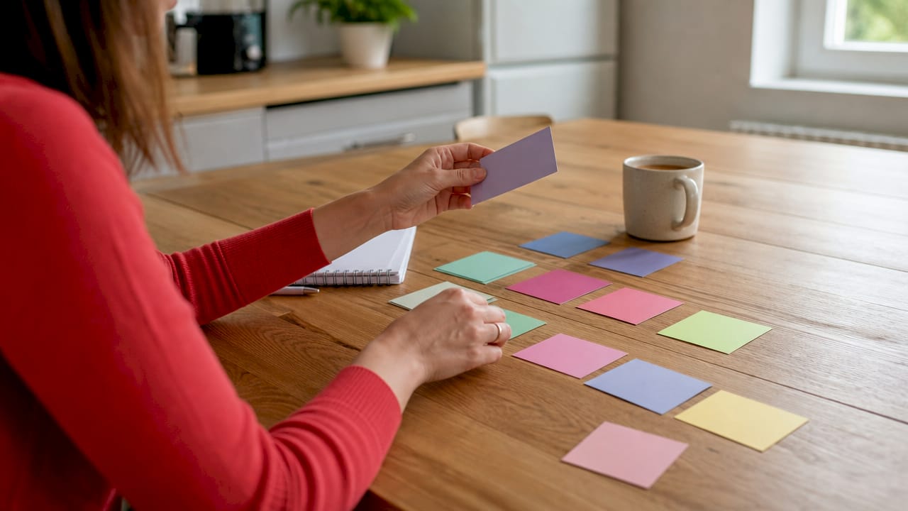 Hands arranging product category cards on desk