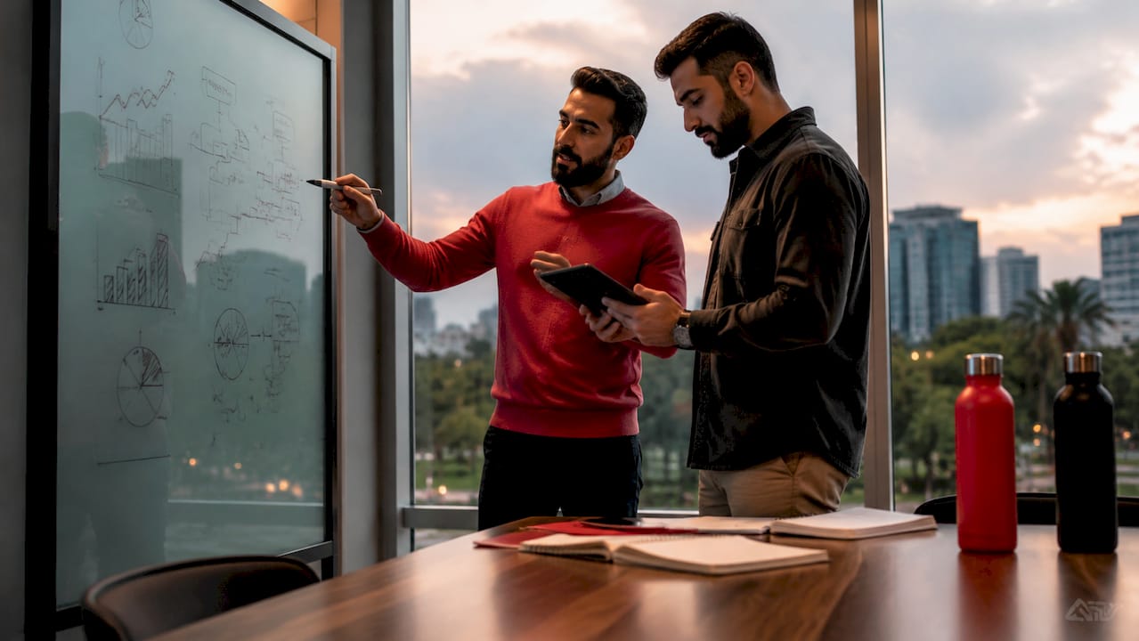 Businessmen analyzing content strategy data in meeting