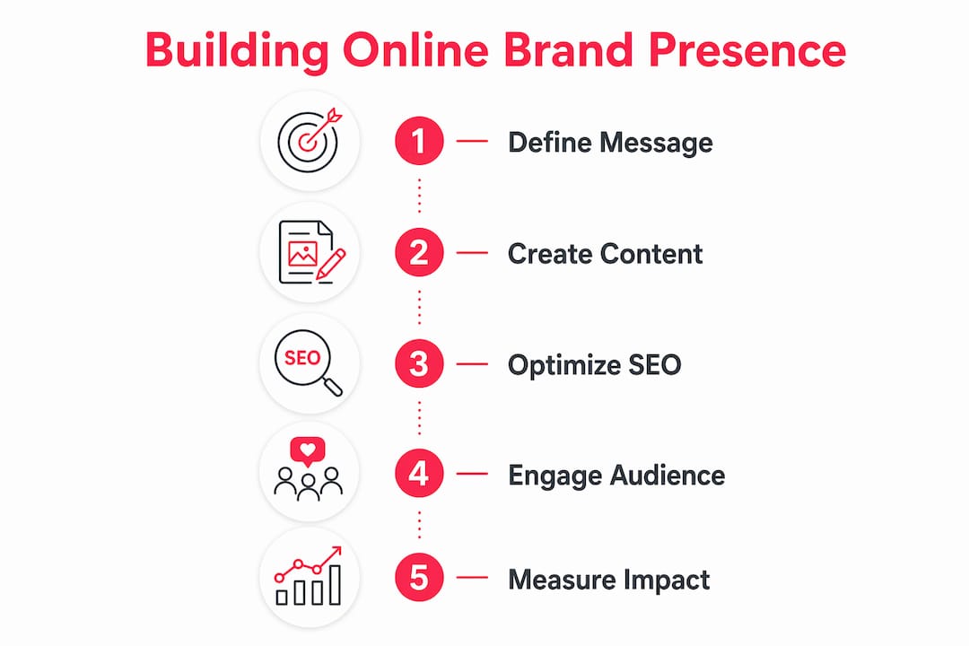 Infographic illustrating steps to build online brand presence