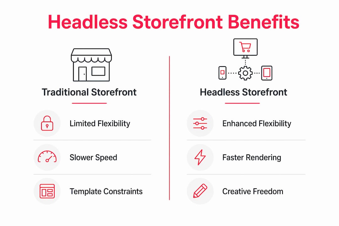 Infographic contrasting traditional vs headless storefront benefits