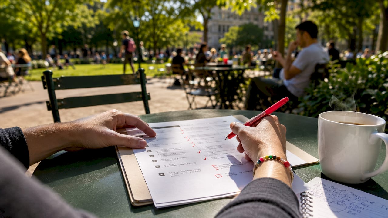 Hands annotating ecommerce UX checklist document