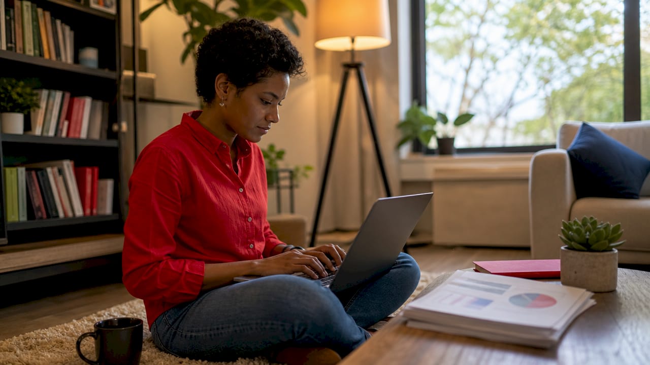 Hands typing at desktop with digital audit reports