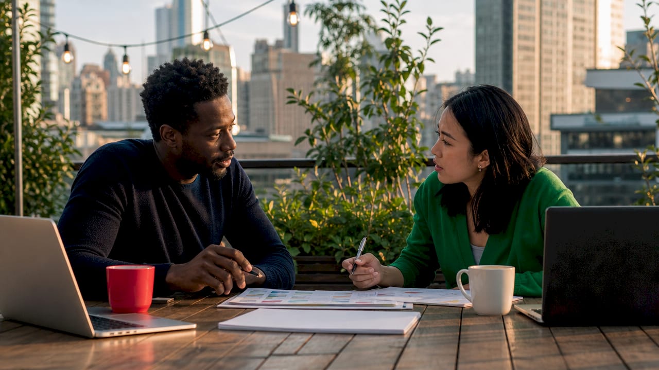 Professionals discussing brand strategy documents