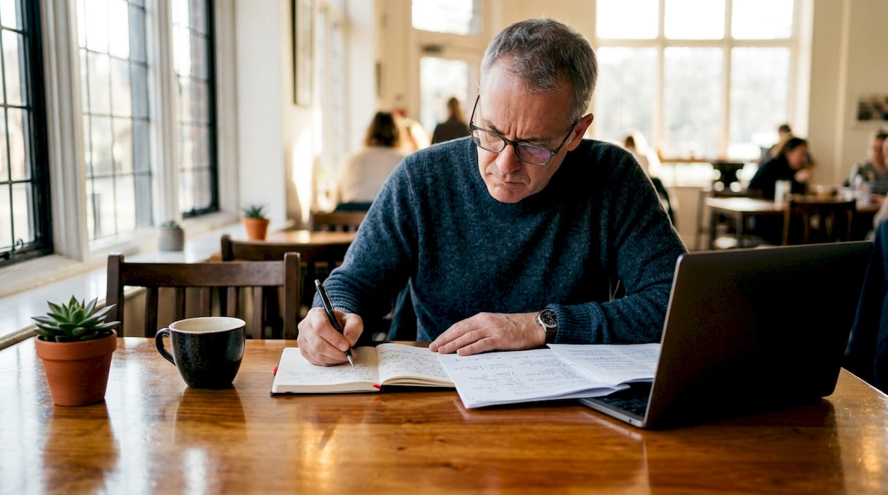Consultant analyzing documents at home office desk