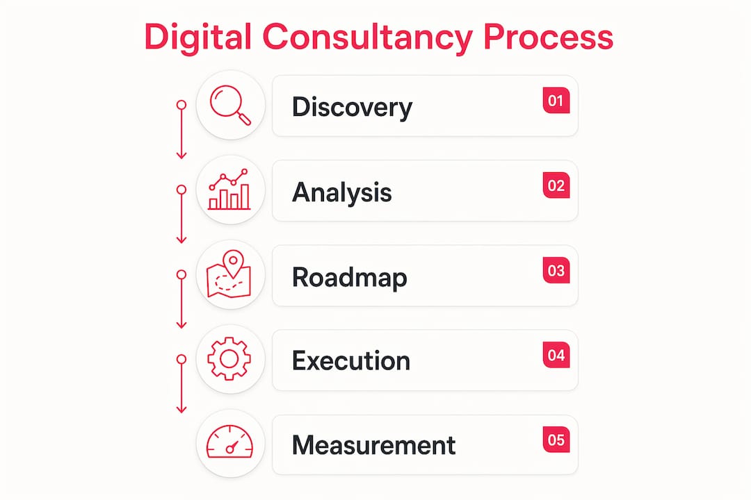 Infographic illustrating digital consultancy process steps