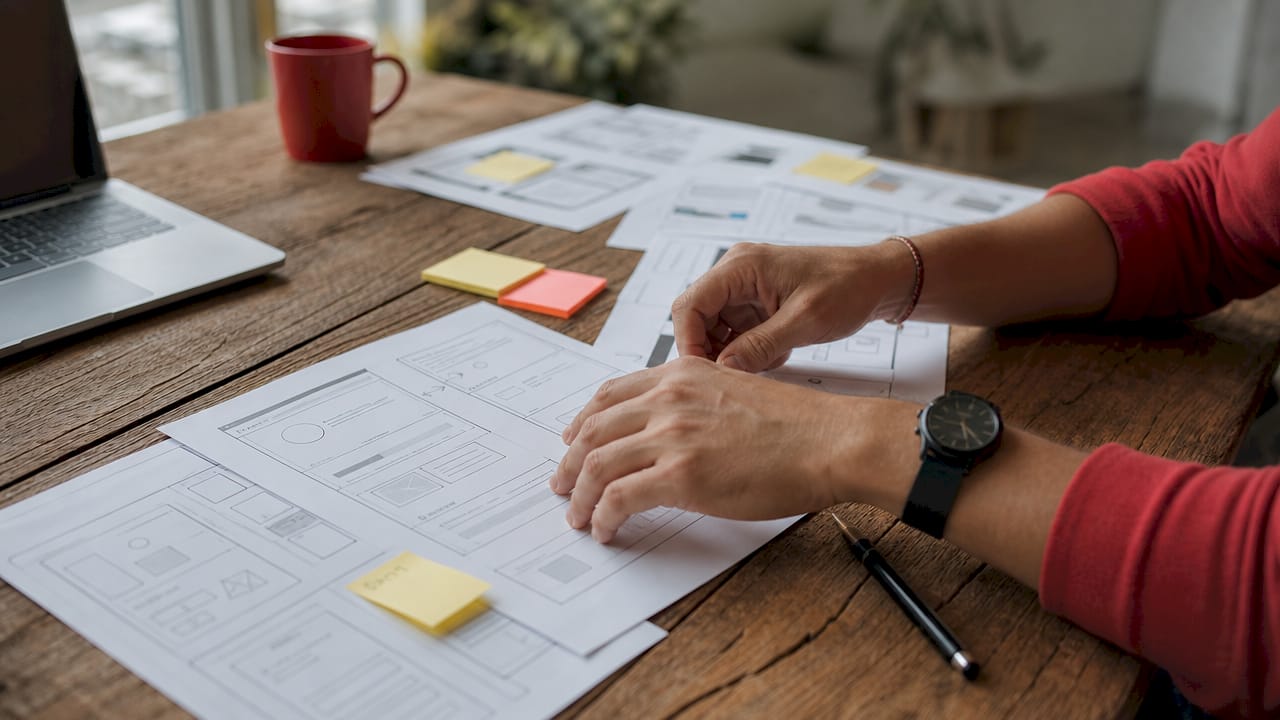 Hands arranging ecommerce checkout flow wireframes
