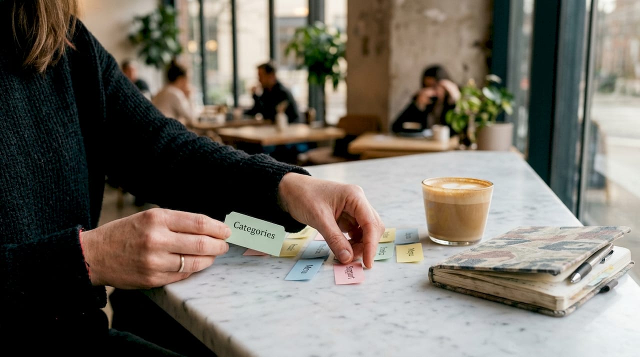 Hands arranging ecommerce menu tabs on table