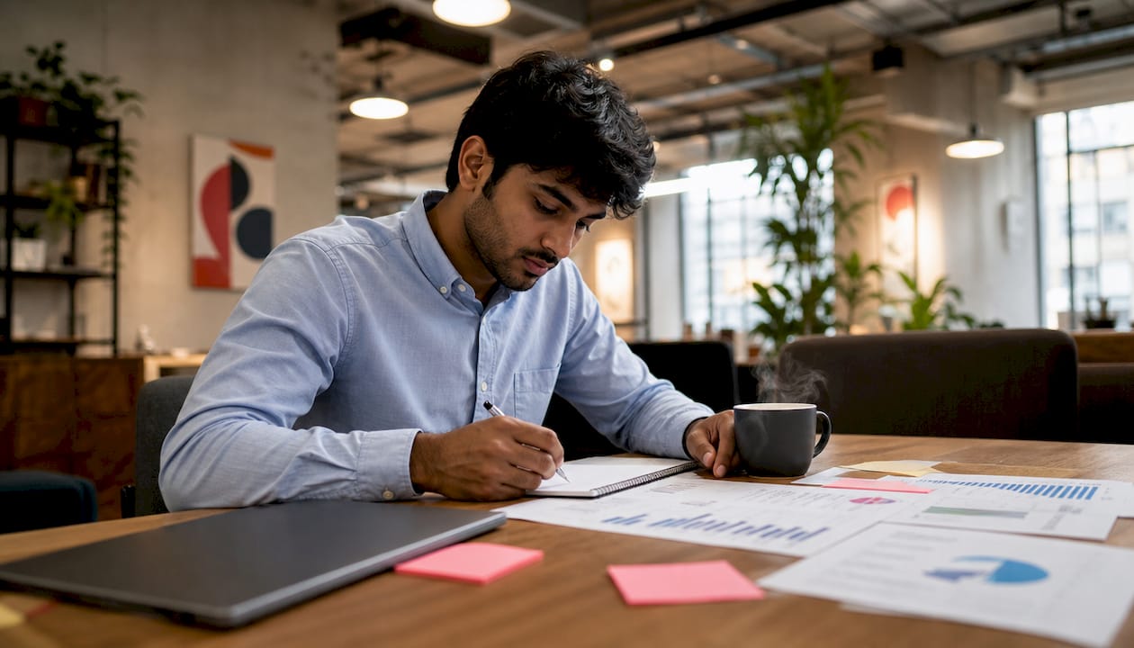 Young man studying multi vs omni-channel data