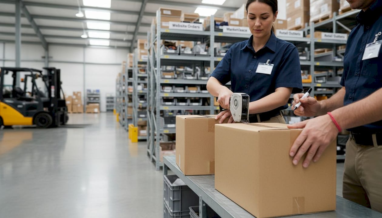 Warehouse workers preparing multi-channel shipments