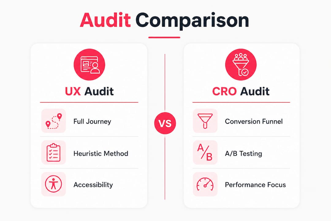 Infographic comparing UX audit and CRO audit features