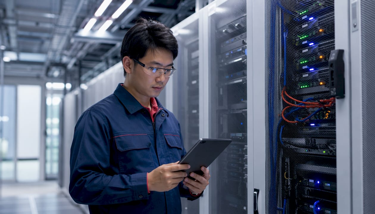 Technician inspecting Magento software server rack