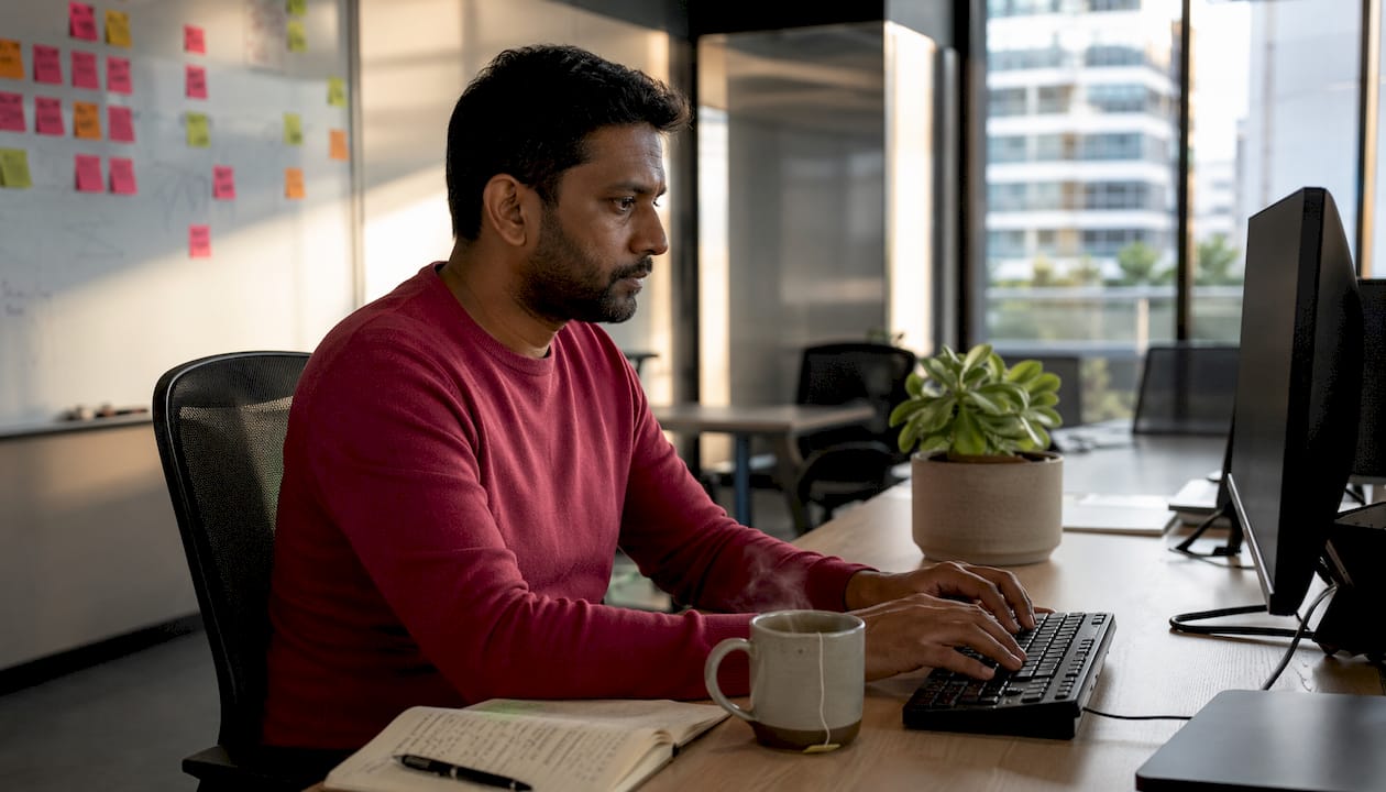 Developer typing on keyboard in home office
