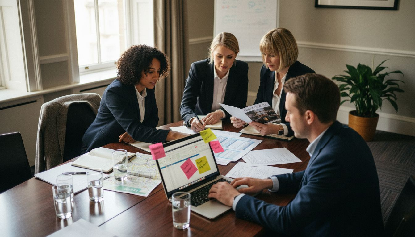 Event planners discuss hotel group booking details