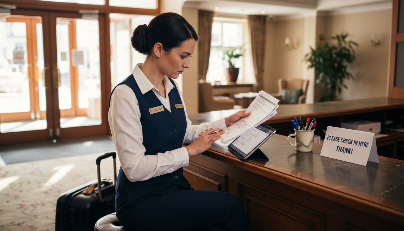 Receptionist confirms guest details at front desk