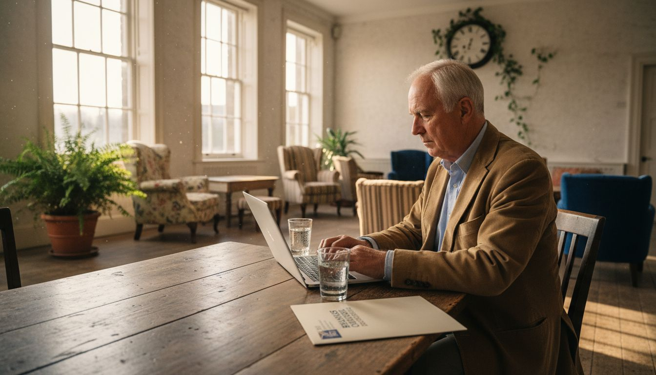 Guest working in business lounge in guest house
