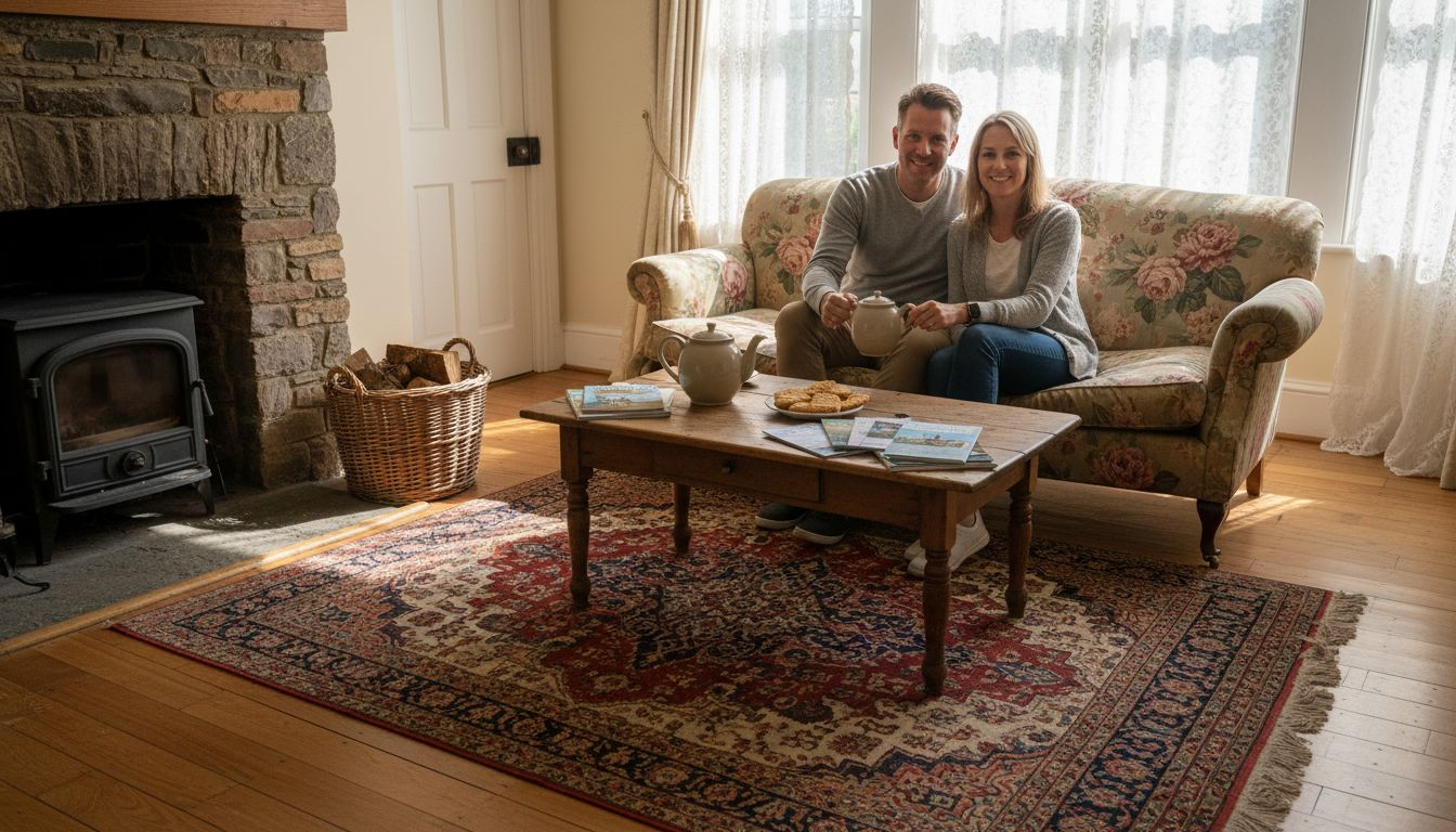 Couple relaxing in bright guest house lounge