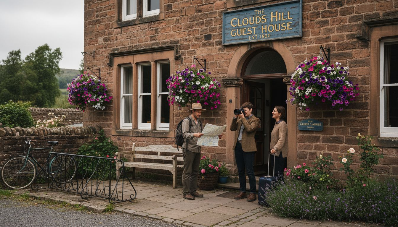 Travelers arriving at Victorian guest house in Elgin