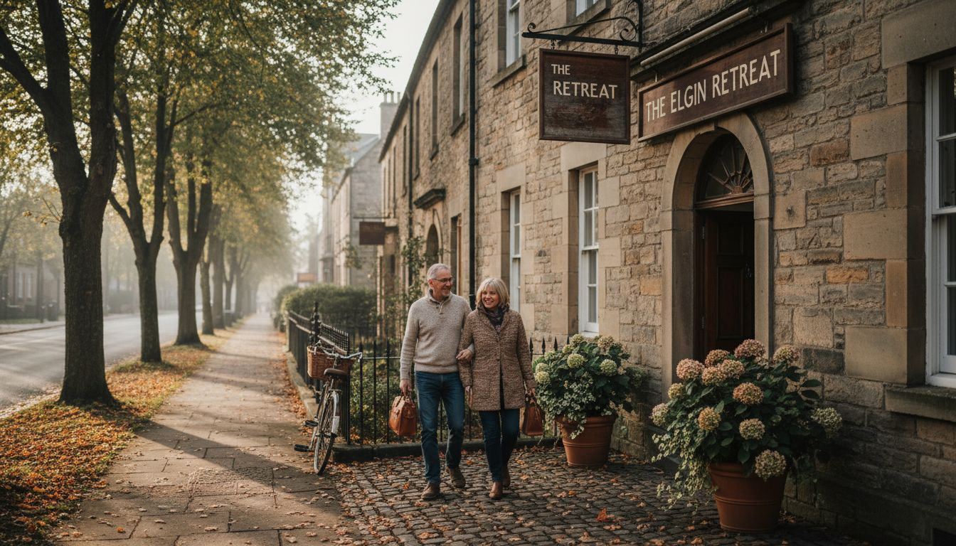 Couple leaving stone guest house in morning
