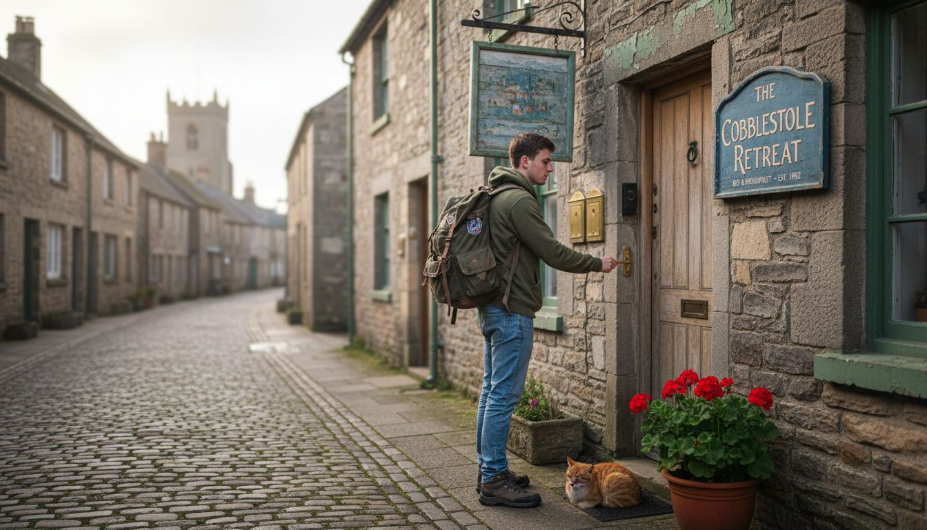 Budget traveller entering cozy guest house exterior