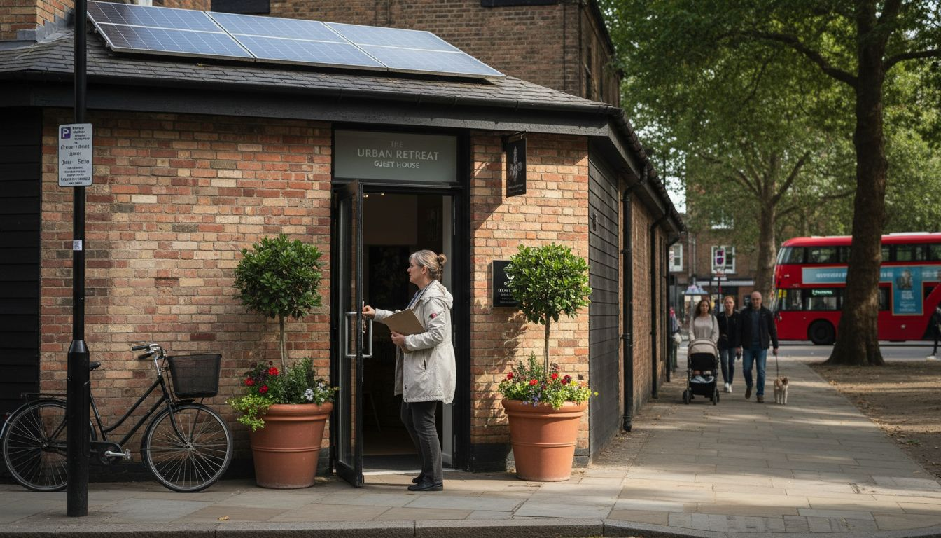 Guest house manager at modern entrance