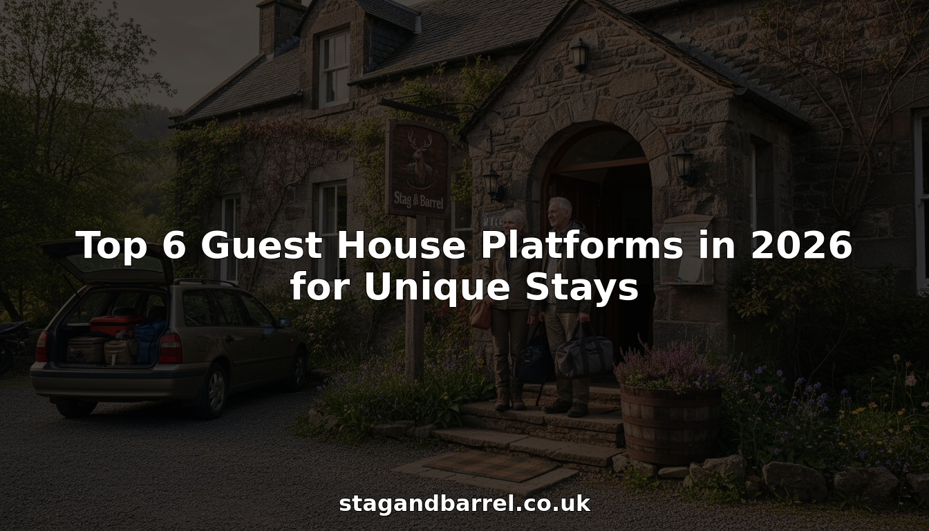 Couple arriving at stone-built guest house