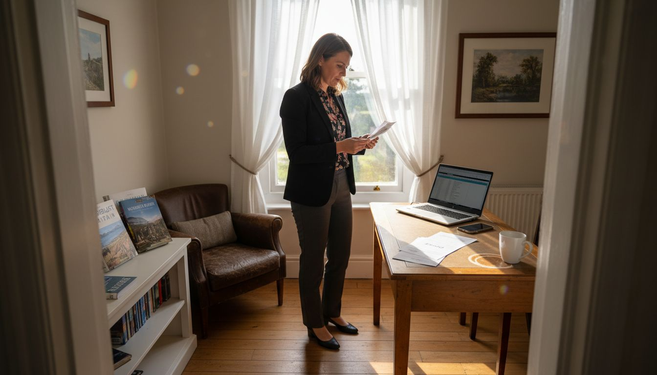 Woman tracking travel costs in guest house